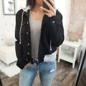 Black Hooded Cropped Jean Jacket - Women